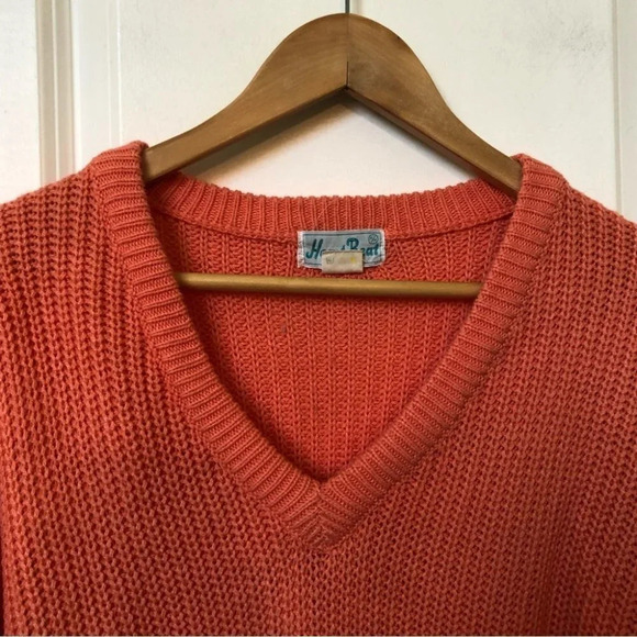 Vintage Heart Beat  Chunky Neon Orange V-Neck Sweater - Picture 5 of 6